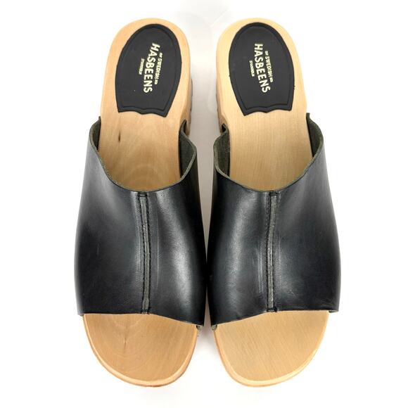 Swedish Hasbeens Ann Low Sandals Mules Clogs Black Leather Wooden Sole Size 41 - Picture 8 of 13